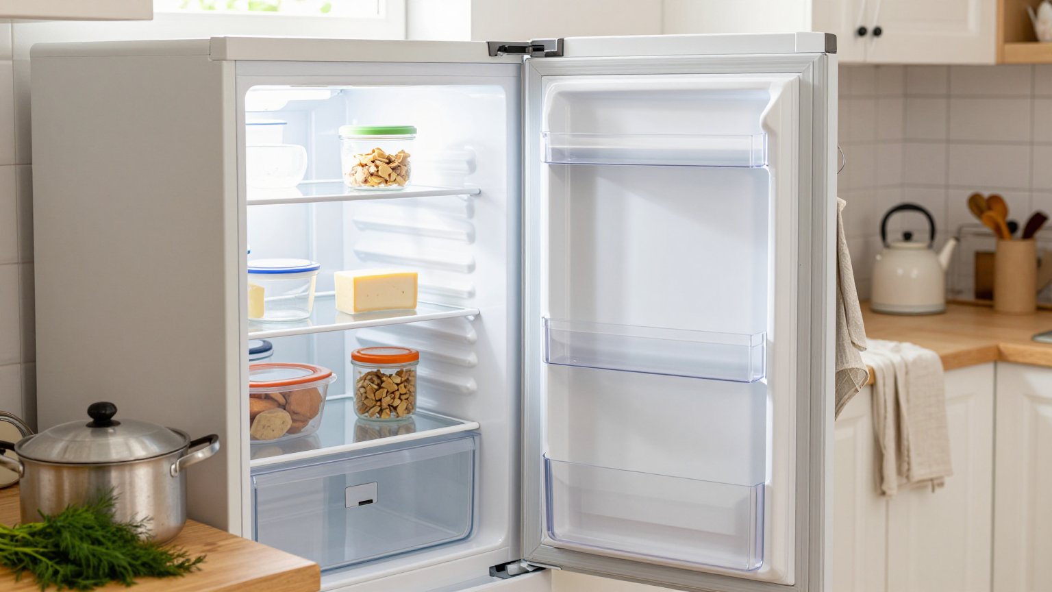 Иллюстративная сцена: закрытые продукты, разнесённые по полкам холодильника