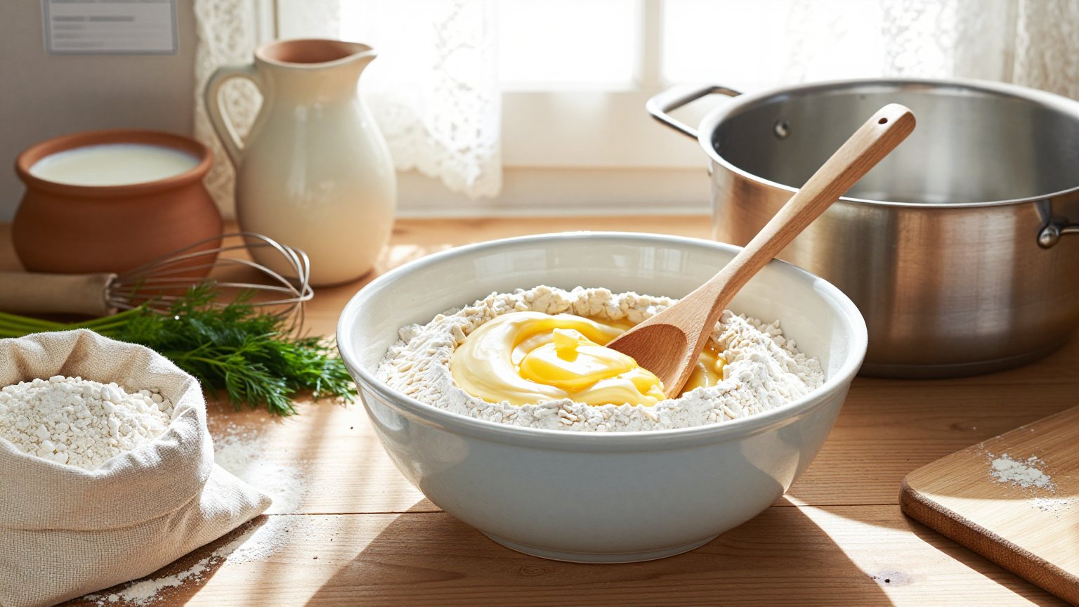 Мука и размягченное масло, смешанные в светлую пасту в миске рядом с сотейником