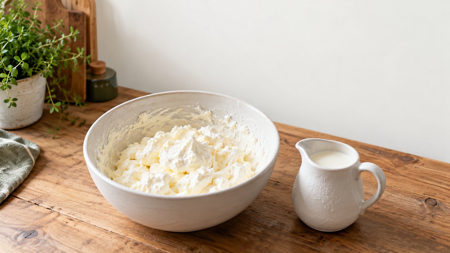 Крупитчатые сливки и невзбитая часть продукта рядом с миской.